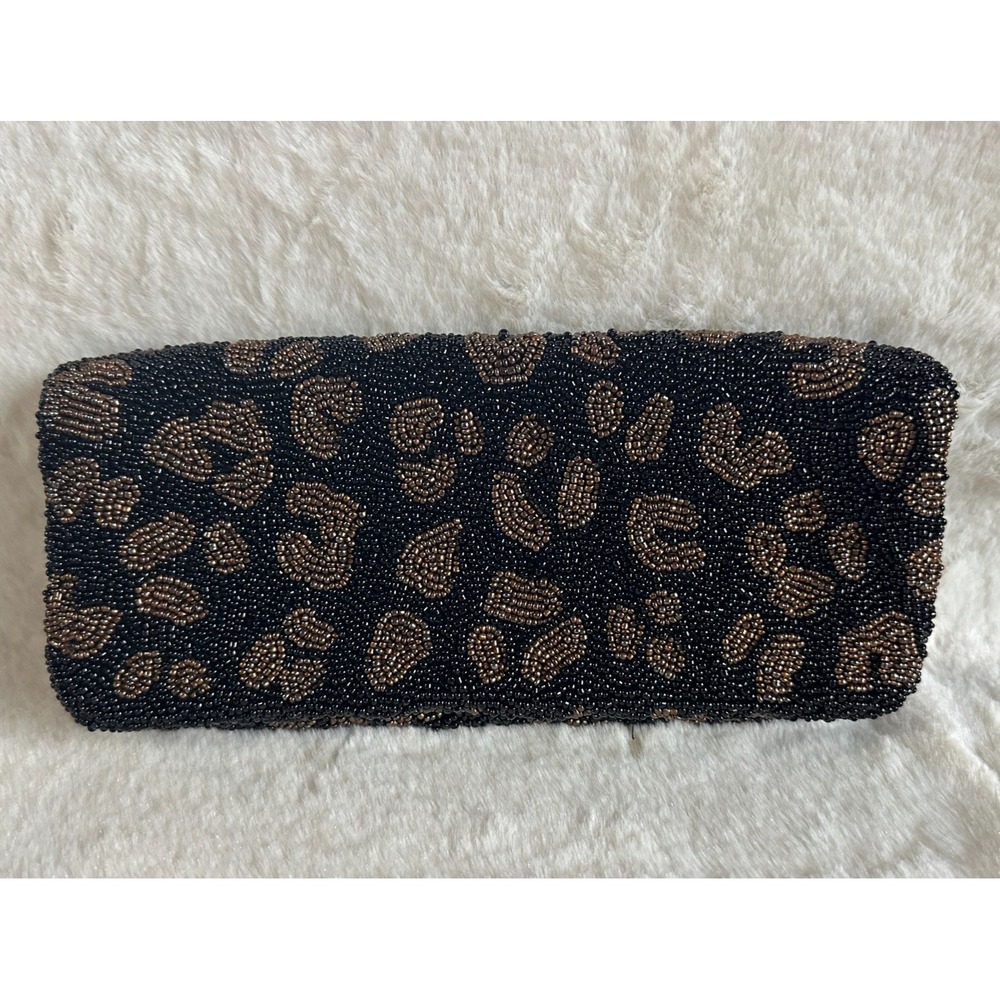 Vintage Moyna Clutch Envelope Bag Party Leopard Print Beaded Black 9x5"